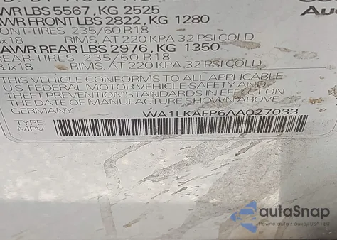 2010 Audi Q5 3.2 Premium z USA, uszkodzony, nr VIN WA1LKAFP6AA027033